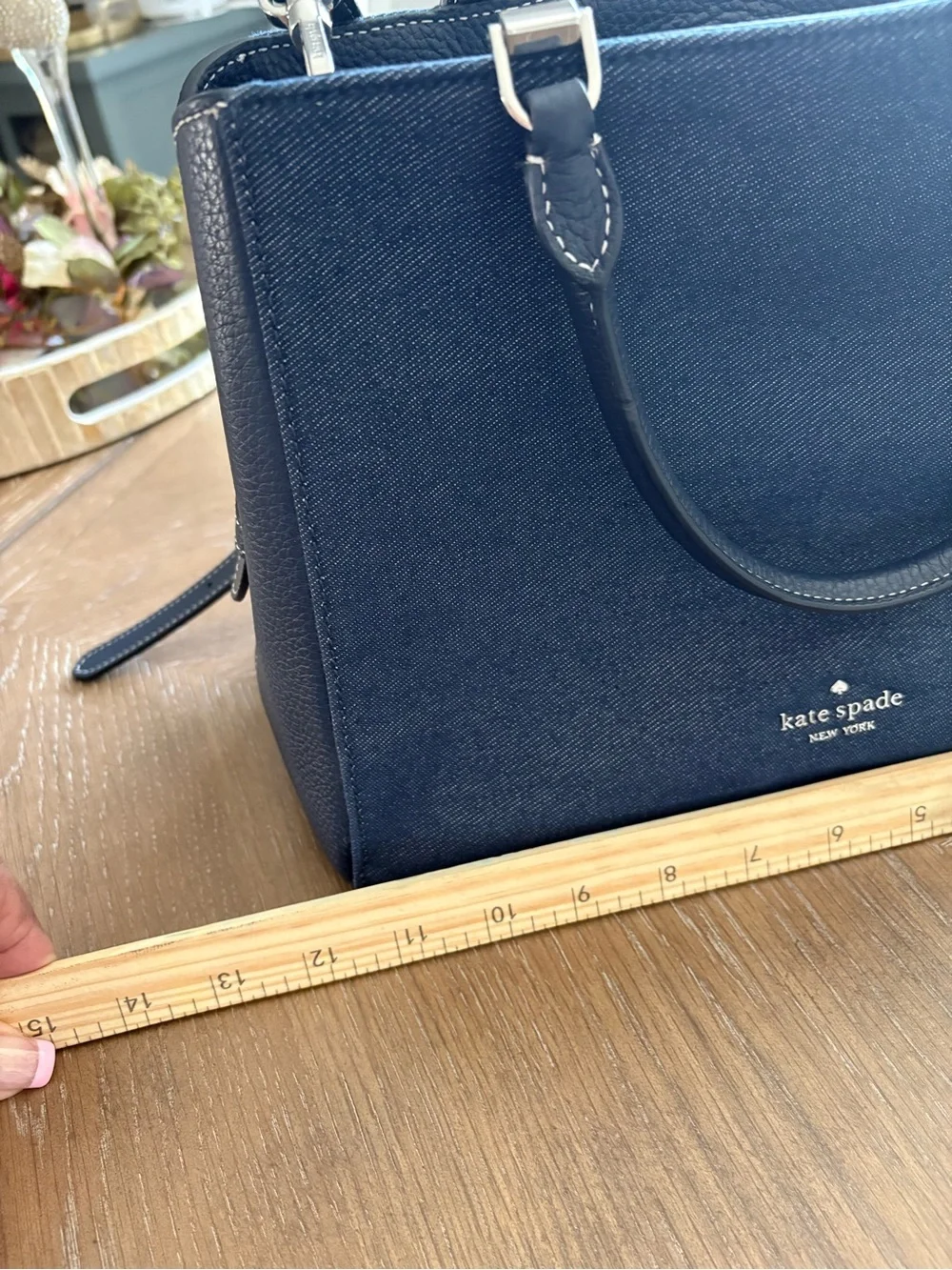 kate spade navy blue structured satchel with top handles
